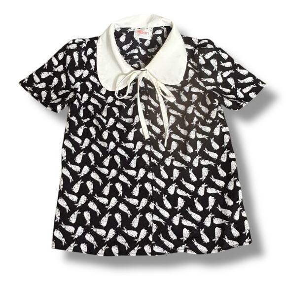 Moon Top Rabbit Print Blouse Black White Exaggerated Peter Pan Collar Bow Tie - Picture 1 of 13